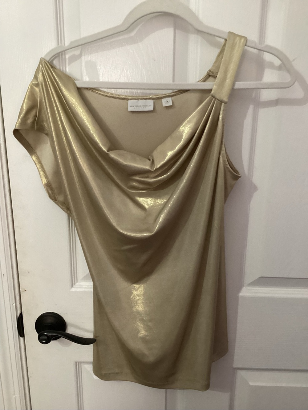 New York & Company Shimmery Gold One-Shoulder Drape Top